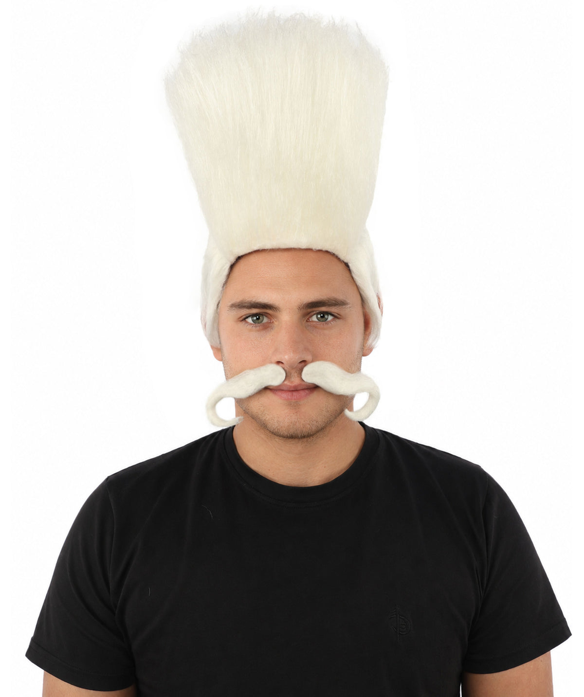 HPO Adult Men's Tall Flat Top Wig and Mustache | Vertical Dark Pompadour with Long Handlebar Facial Hair, Synthetic Fiber & Breathable Net | Halloween, Carnival, Stage Performance & Roleplay