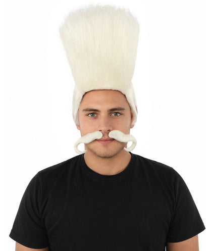 HPO Adult Men's Tall Flat Top Wig and Mustache | Vertical Dark Pompadour with Long Handlebar Facial Hair, Synthetic Fiber & Breathable Net | Halloween, Carnival, Stage Performance & Roleplay