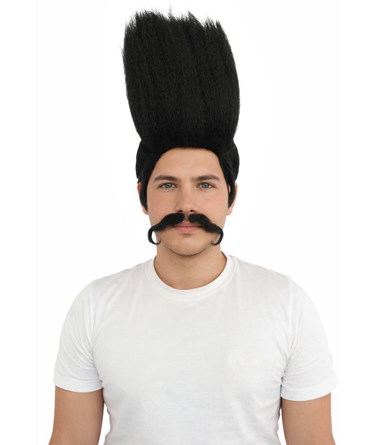 HPO Men's Tall Flat Top Wig and Mustache | Vertical Dark Pompadour with Long Handlebar Facial Hair, Synthetic Fiber & Breathable Net | Halloween, Carnival, Stage Performance & Roleplay