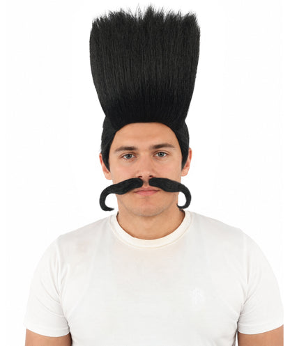HPO Adult Men's Tall Flat Top Wig and Mustache | Vertical Dark Pompadour with Long Handlebar Facial Hair, Synthetic Fiber & Breathable Net | Halloween, Carnival, Stage Performance & Roleplay