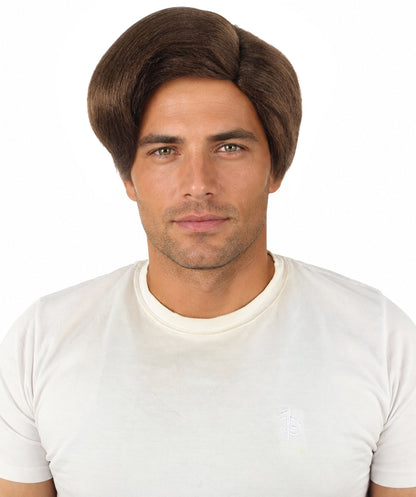 HPO Adult Men's Short Black Side Swept Wig | Thick Layered Bangs with Natural Texture,  Adjustable Cap | Halloween, Themed Party, Stage Performance & Roleplay