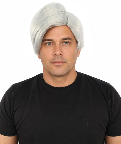 HPO Adult Men's Short Black Side Swept Wig | Thick Layered Bangs with Natural Texture,  Adjustable Cap | Halloween, Themed Party, Stage Performance & Roleplay
