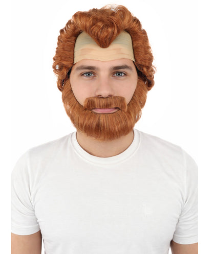 HPO Men’s Short Brown Curly Wig Beard & Mustache Set – Messy Sleepy Style Wig with Natural Afro Curls | Animated Movie-Inspired for Halloween & Cosplay Characters