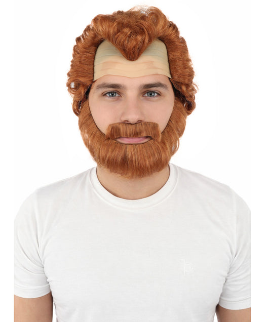 HPO Men’s Short Brown Curly Wig Beard & Mustache Set – Messy Sleepy Style Wig with Natural Afro Curls | Animated Movie-Inspired for Halloween & Cosplay Characters