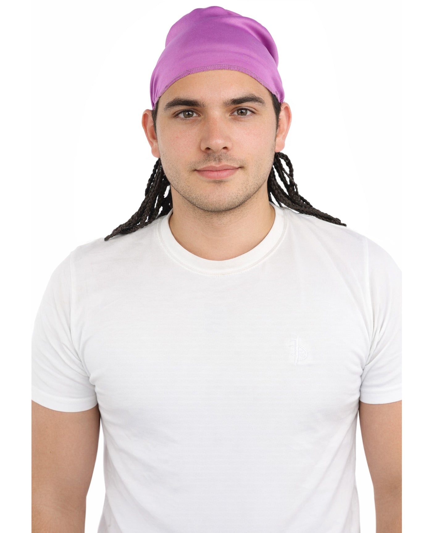 HPO Men’s Movie Character Inspired Black Braided Wig with Purple Head Wrap Hat | Flame-retardant Synthetic Fiber | Ideal Hairpiece for Cosplay & Halloween