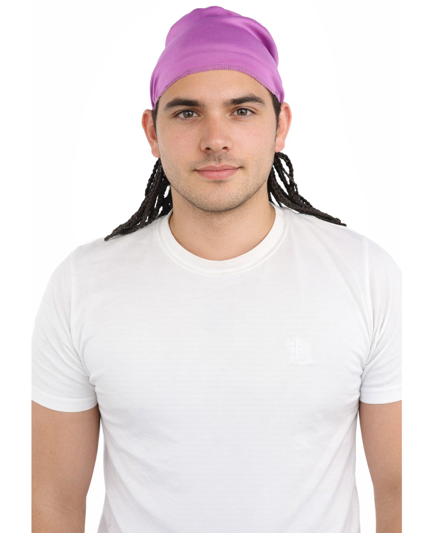 Men’s Movie Character Inspired Black Braided Wig with Purple Head Wrap Hat | Flame-retardant Synthetic Fiber | Ideal Hairpiece for Cosplay & Halloween