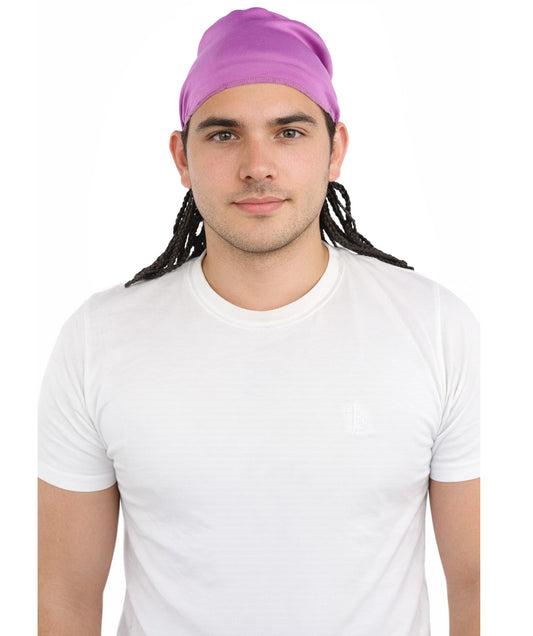 Men’s Movie Character Inspired Black Braided Wig with Purple Head Wrap Hat | Flame-retardant Synthetic Fiber | Ideal Hairpiece for Cosplay & Halloween