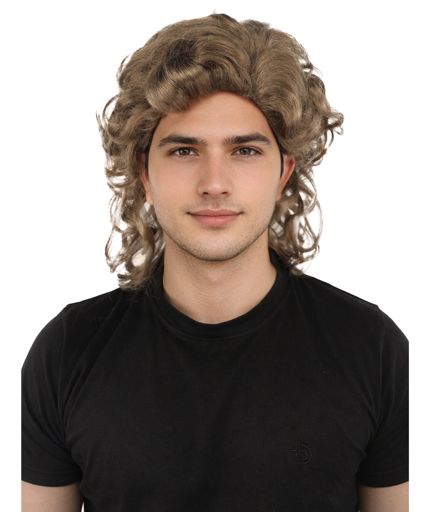 HPO Men’s 80s Light Brown Curly Mullet Wig | Flame-retardant Synthetic Fiber | Retro Movie Character Inspired Hairpiece for Cosplay & Halloween