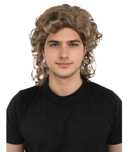 HPO Men’s 80s Light Brown Curly Mullet Wig | Flame-retardant Synthetic Fiber | Retro Movie Character Inspired Hairpiece for Cosplay & Halloween