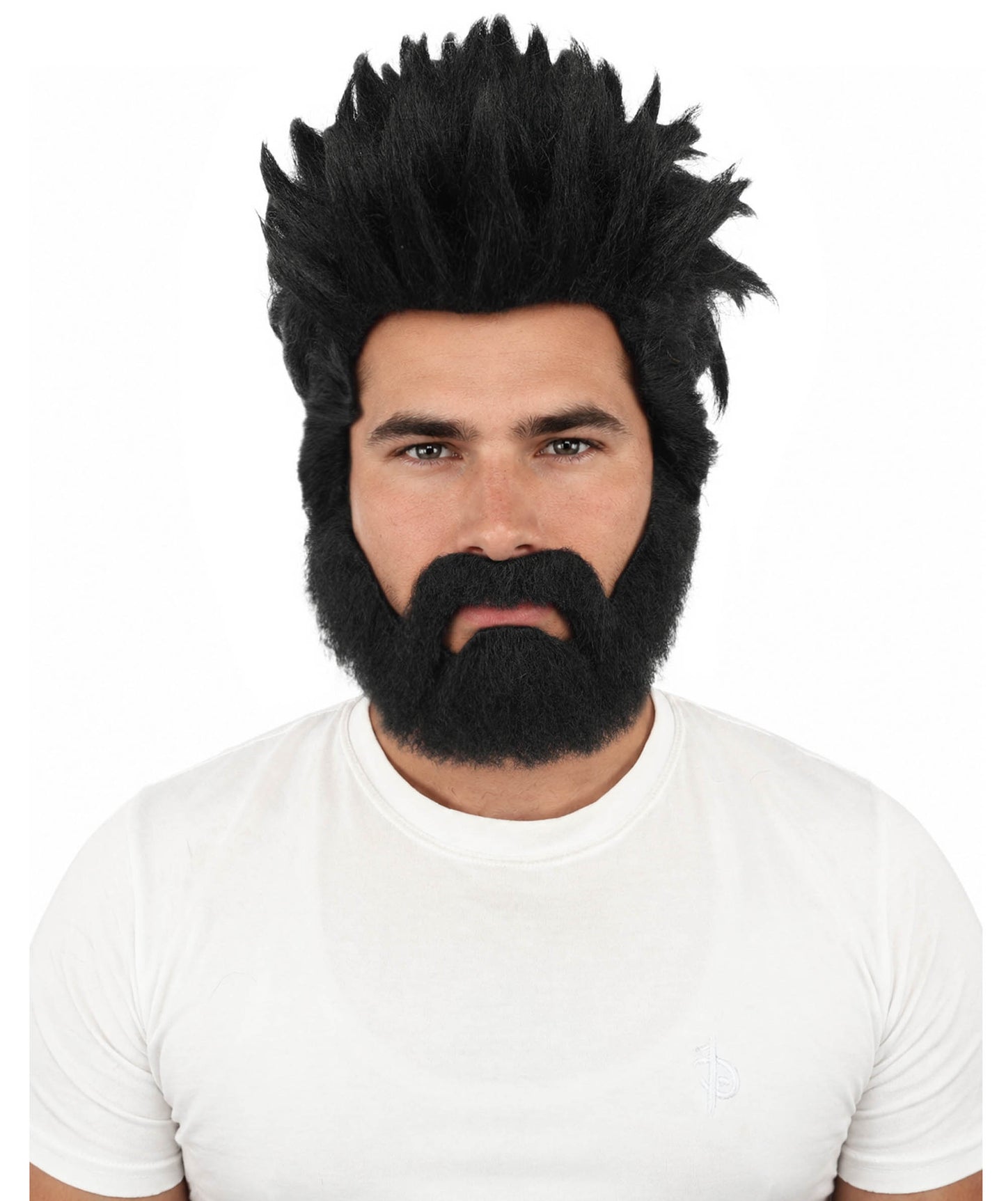 HPO Men’s Animated Genius Spiky Wig Beard & Mustache Set  – Wild Mad Scientist Pointed Beard & Curled Mustache Combo | Ideal for Animated Cosplay, Halloween Parties & Events