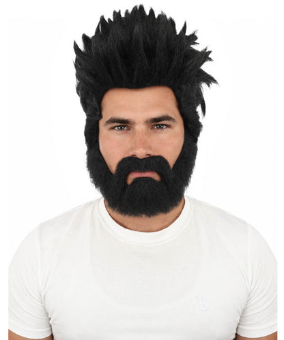 HPO Men’s Animated Genius Spiky Wig Beard & Mustache Set  – Wild Mad Scientist Pointed Beard & Curled Mustache Combo | Ideal for Animated Cosplay, Halloween Parties & Events
