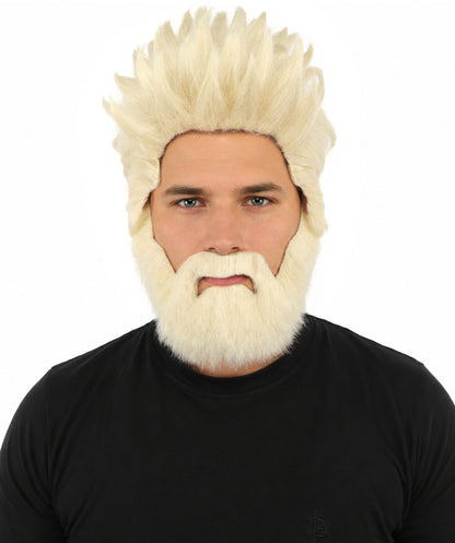HPO Men’s Animated Genius Spiky Wig Beard & Mustache Set  – Wild Mad Scientist Pointed Beard & Curled Mustache Combo | Ideal for Animated Cosplay, Halloween Parties & Events