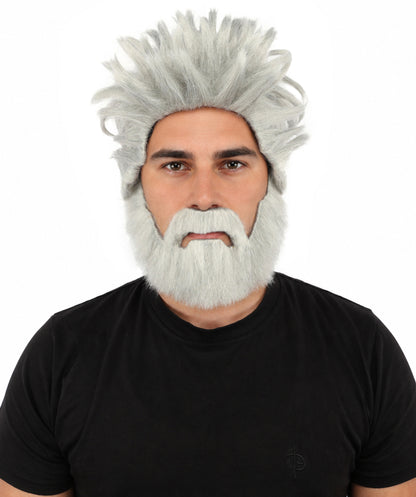 HPO Men’s Animated Genius Spiky Wig Beard & Mustache Set  – Wild Mad Scientist Pointed Beard & Curled Mustache Combo | Ideal for Animated Cosplay, Halloween Parties & Events