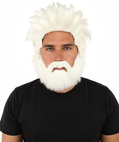 HPO Men’s Animated Genius Spiky Wig Beard & Mustache Set  – Wild Mad Scientist Pointed Beard & Curled Mustache Combo | Ideal for Animated Cosplay, Halloween Parties & Events