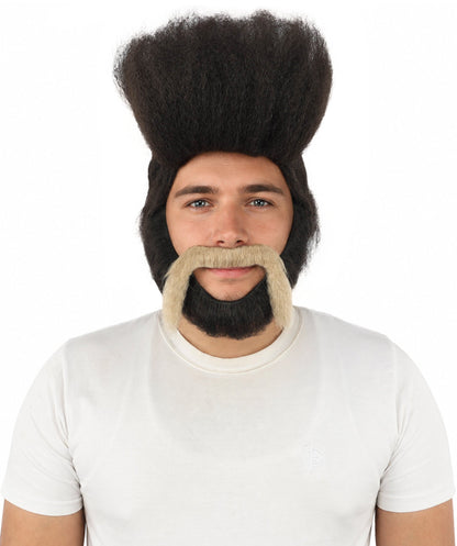 HPO Adult Men's High Top Mullet Wig, mustache and Beard| Solid dark tone, create of synthetic fiber, dense tall afro texture with flowing back, breathable base | Party, Halloween, theater, drag, performance, costume events