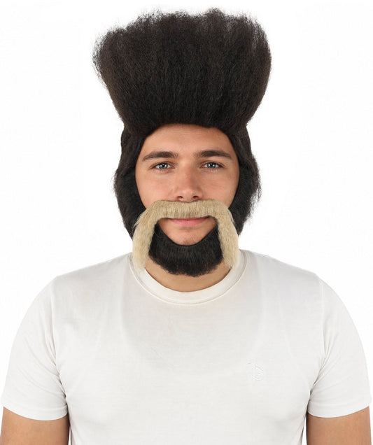 HPO Adult Men's High Top Mullet Wig, mustache and Beard| Solid dark tone, create of synthetic fiber, dense tall afro texture with flowing back, breathable base | Party, Halloween, theater, drag, performance, costume events