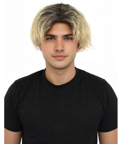 HPO Men's Messy Wavy Shag Black & Grey Wig | Two-tone rooted hue, create of synthetic fiber, relaxed tousled volume, breathable base | Party, Halloween, theater, drag, performance, costume events