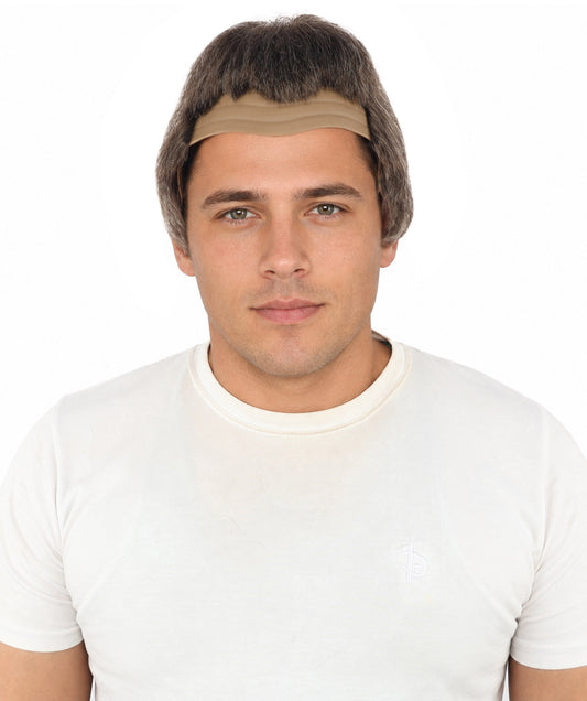 Short Textured Mens Wig | Grey synthetic fibers with subtle volume layered cut and bald cap construction | Essential for theater performance Halloween party and costume events