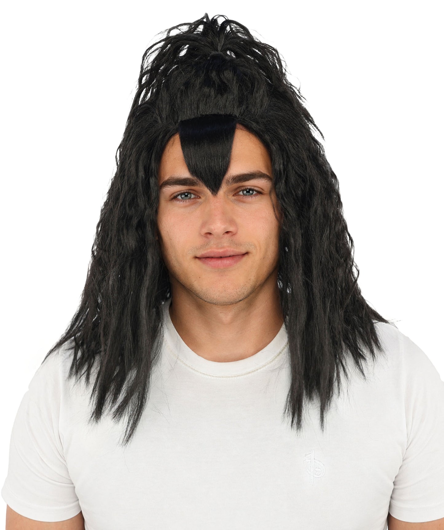 HPO Men's Heavy Metal Rockstar Black Wig | Dark wavy synthetic fibers with massive crimped volume and capless construction | Essential for theater performance drag Halloween costume events and party