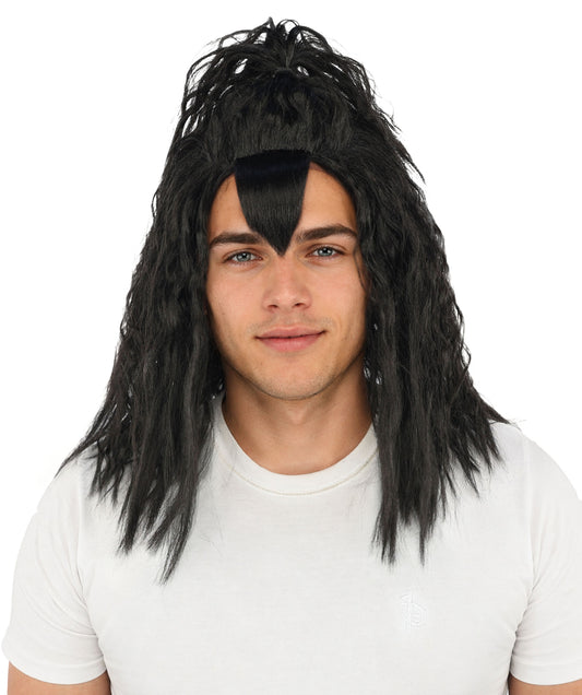 HPO Men's Heavy Metal Rockstar Black Wig | Dark wavy synthetic fibers with massive crimped volume and capless construction | Essential for theater performance drag Halloween costume events and party