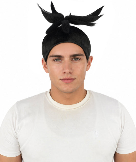 HPO Men's Warrior Top Knot Wig | Black straight synthetic fibers with structured spiky bun and capless construction | Essential for theatrical stage drag performance costume events and party