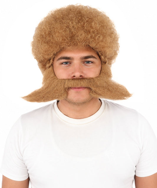 Men's Flared Brown Frizzy Wig Beard and Mustache Set | Fluffy textured synthetic top with extremely wide horizontal capless construction | Essential for theatrical stage drag performance costume events and party