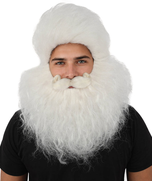 HPO Men's Holiday Character Wig Beard & Mustache Set | Fluffy white synthetic fibers with massive textured facial hair and capless construction | Essential for theatrical stage drag performance costume events and party