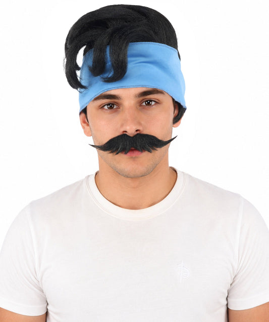 Adult Men's Medium Black Wig & Mustache Set | Flame-Retardant Synthetic Fiber With Capless Cap | Ideal For Theater, Halloween And Cosplay