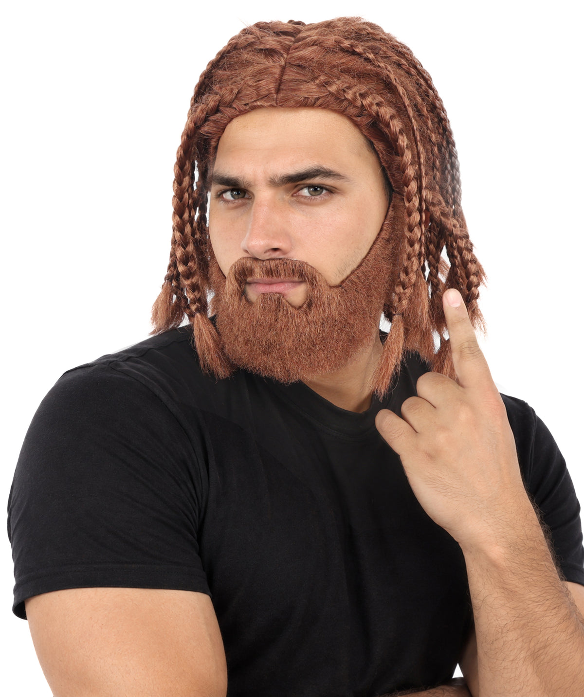 HPO Adult Men’s Brown Braided Warrior Wig with Matching Beard Set - Shoulder Length Braided Wig with Full Facial Hair Center Part and Fantasy Inspired Styling for Halloween Cosplay Events