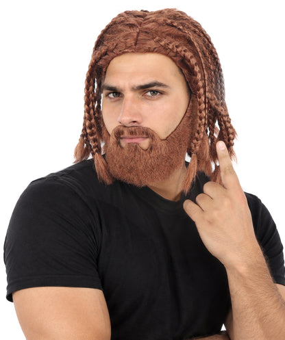 HPO Adult Men’s Brown Braided Warrior Wig with Matching Beard Set - Shoulder Length Braided Wig with Full Facial Hair Center Part and Fantasy Inspired Styling for Halloween Cosplay Events