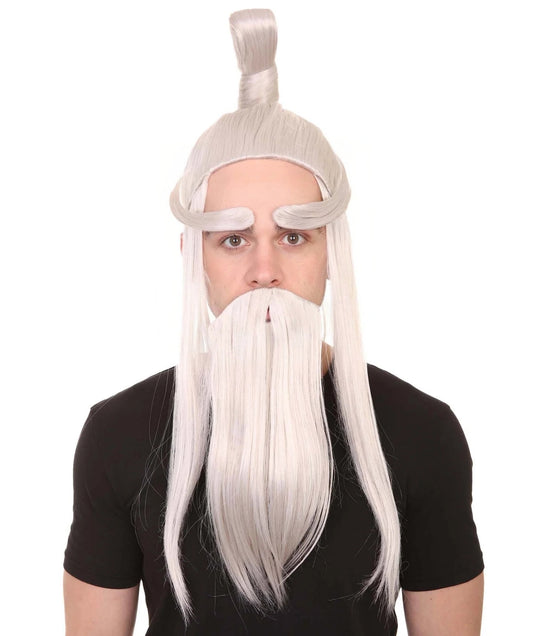 Martial Arts Master Mens Wig Beard Eyebrow Set | Asian Wig | Premium Breathable Capless Cap