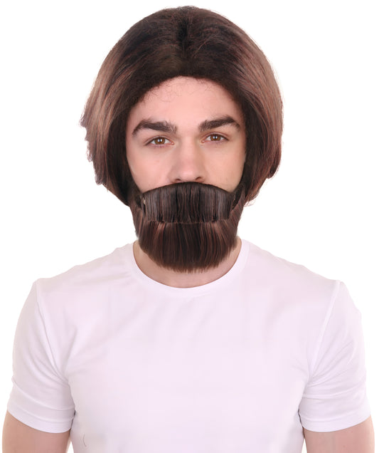 Brown Curly Wavy Men's Wig & Beard Set | Halloween Wig | Premium Breathable Capless Cap