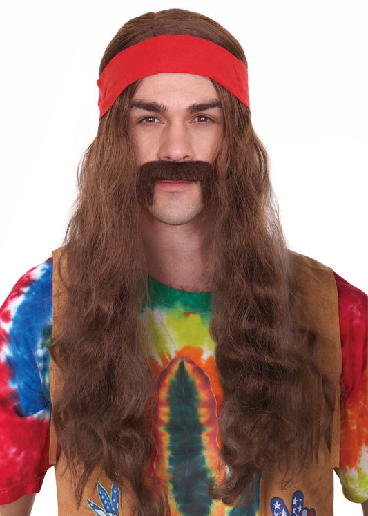 Mens Pirate Wig and Moustache | Brown Long Wig | Premium Breathable Capless Cap