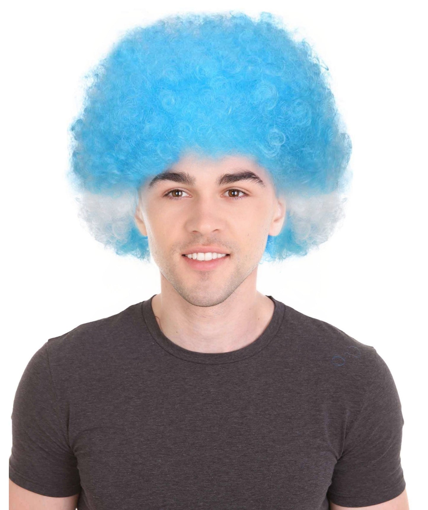 Argentina Sport Afro Fun Wig | White Sky Blue Fancy Halloween Wig