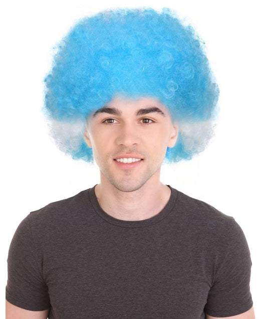 Argentina Sport Afro Fun Wig | White Sky Blue Fancy Halloween Wig