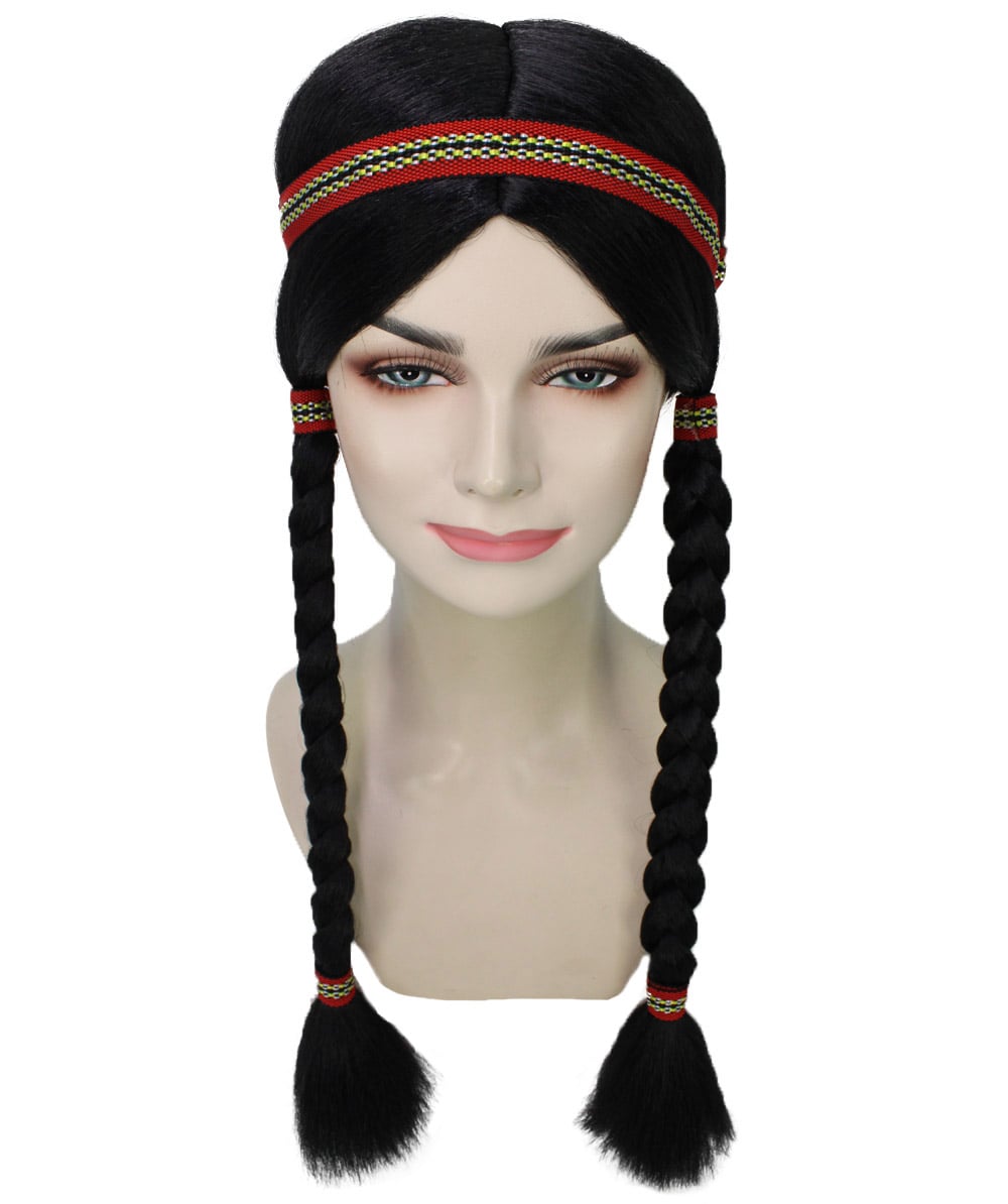 Native American Princess Womens Wig with Headband | Black Braided Halloween Wig | Premium Breathable Capless Cap