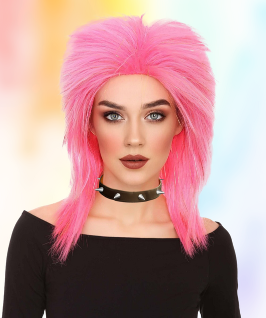 HPO Unisex Punk Metal Rocker Tinsel 80's  Mullet Wig | Pink Tinsel Halloween Wig | Flame-retardant Synthetic Fiber