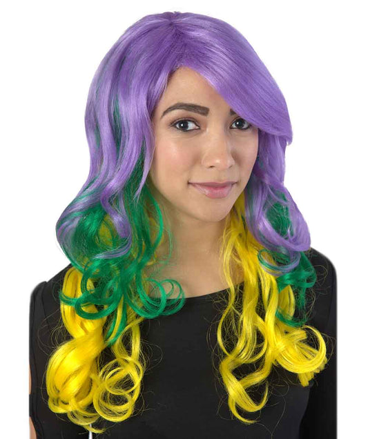 HPO Women's Carnival Mardi Gras Wavy Style Wig | Halloween Wig | Multiple Colors Option | Premium Breathable Capless Cap