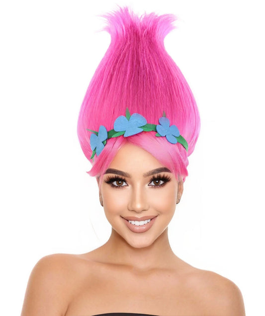 Pink Princess Troll Wig with Flower Crown for Adults – Perfect for Parties, Halloween and Cosplay.