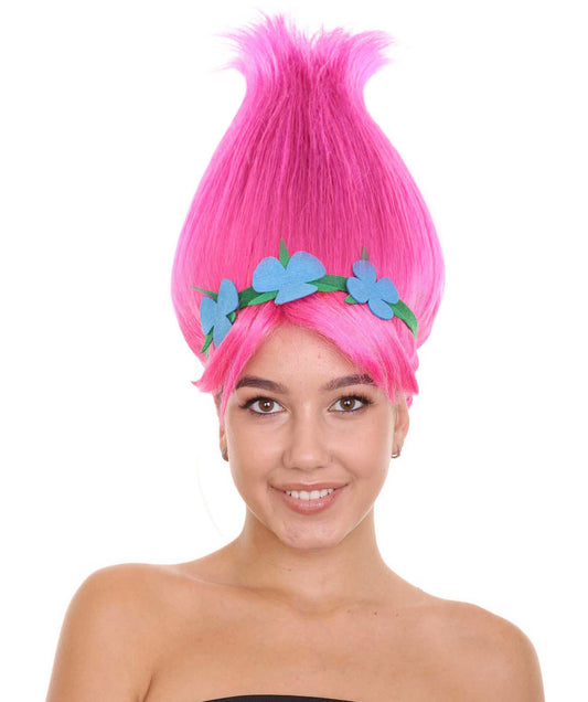 Princess Troll | Pink Pointy wig with Green and Blue Felt Flower Crown | Premium Halloween Wigs