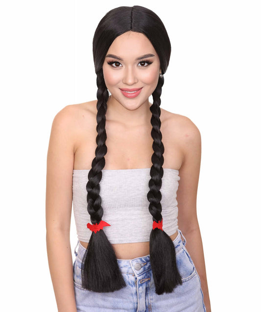 HPO Womens Gothic School Girl Pigtail Style Wig | Triditional Braided Halloween Wig with Red Ribbon | Premium Breathable Capless Cap