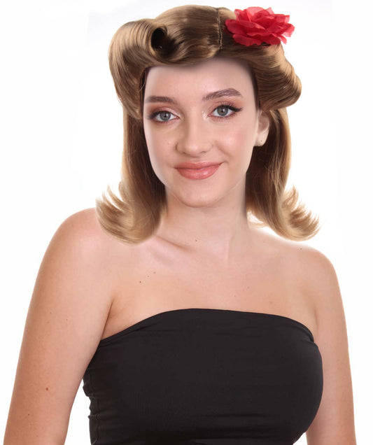 HPO Womens Pin Up Wig With Rose | Party Ready Fancy blonde Halloween Wig | Premium Breathable Capless Cap