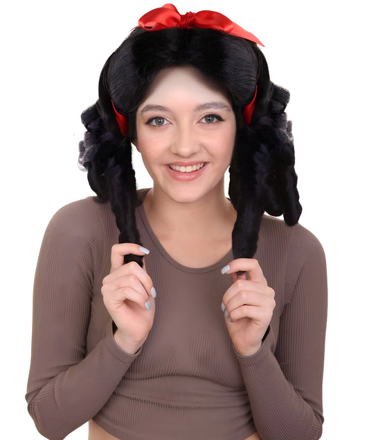 Fairytale Womens Wig | Black Short Halloween Wig with Red Ribbon | Premium Breathable Capless Cap