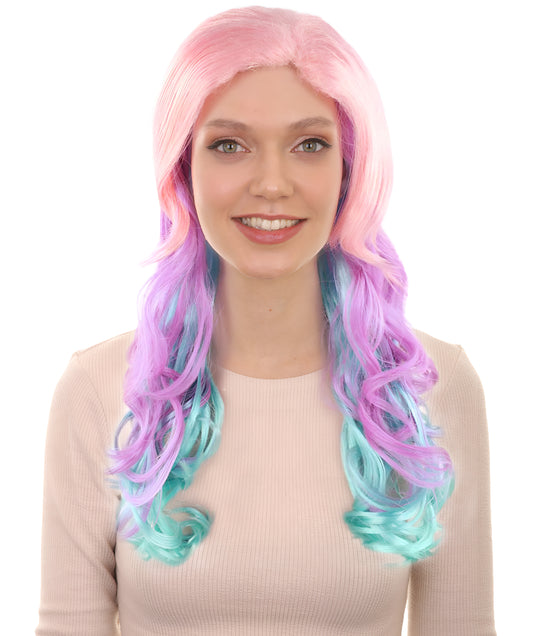 Long Curly Pink and Purple Ombre Womens Wig | Stage Event party Ready Colorful Wig | Premium Breathable Capless Cap