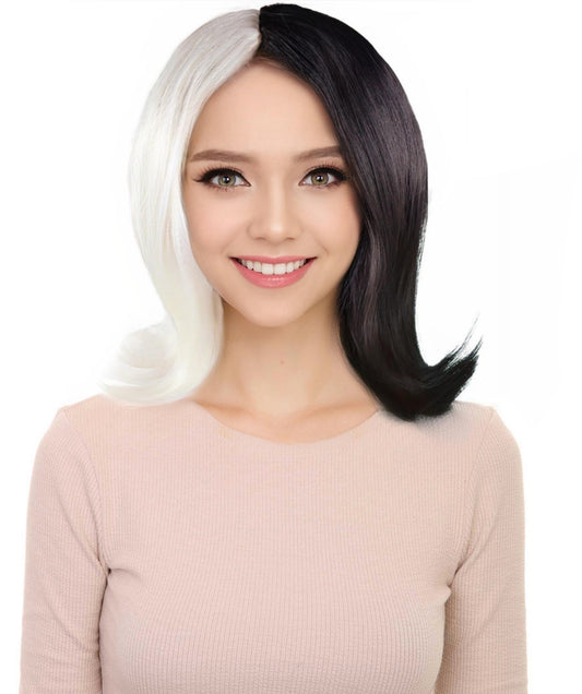 Womens White Black Wig , Medium Two-toned Black & White Wig , Premium Breathable Capless Cap