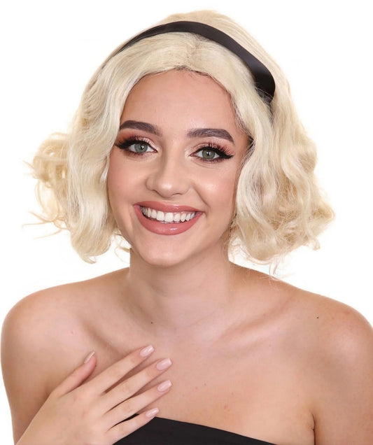 HPO Women's Chilling Witch Wavy Bob Wig with Black Head Ribbon, Multiple Color Option, Perfect for Halloween | Flame-retardant Synthetic Fiber