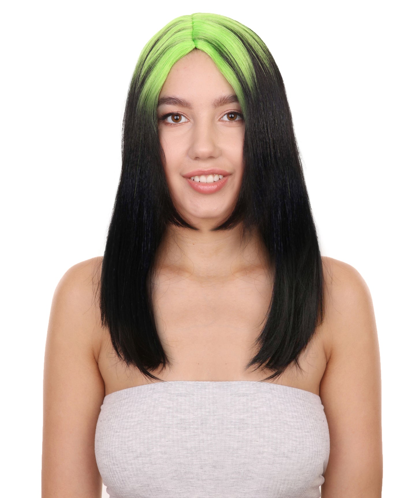 Billie Pop 80's Mullet | Black Wig with Neon Green Roots and Choppy Bangs | Premium Halloween Wig