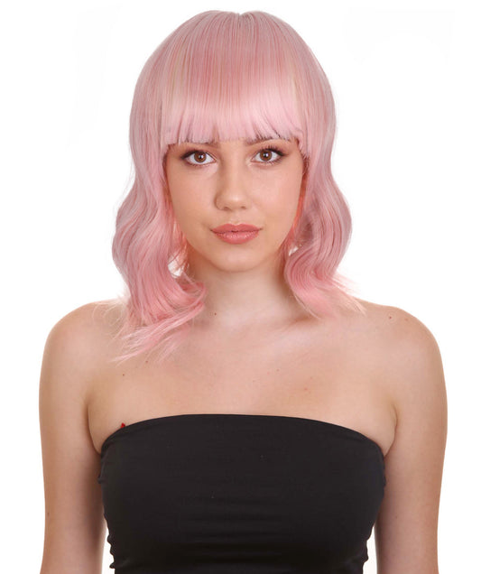 Women’s Short-Length Wavy Wig | Light Pink Fancy Wig | Premium Breathable Capless Cap