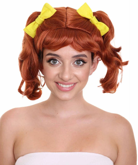 Women's Shoulder Length Red Head Pigtails with Yellow Ribbons Wig | Premium Breathable Capless Cap