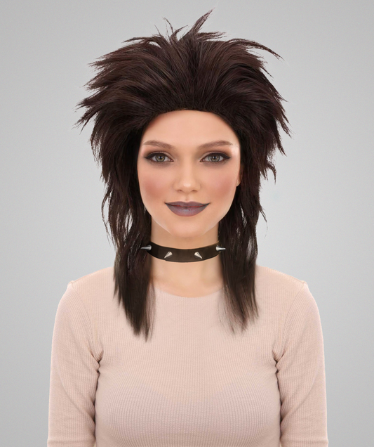 Women's  Dark Brown 80's Mullet Wig | Perfect for Halloween | Flame-retardant Synthetic Fiber